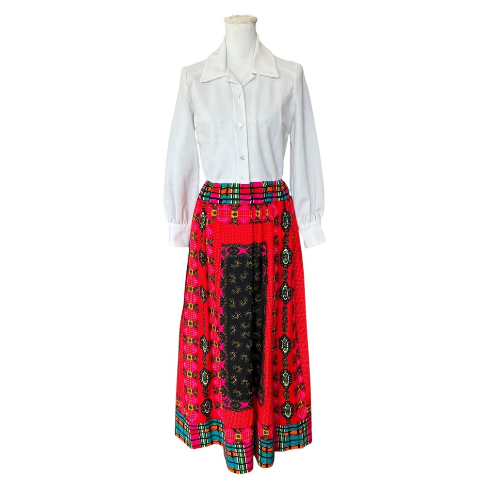 Vintage I Magnin Maxi Dress White Knit Bodice Patterned Skirt ILGWU Made USA